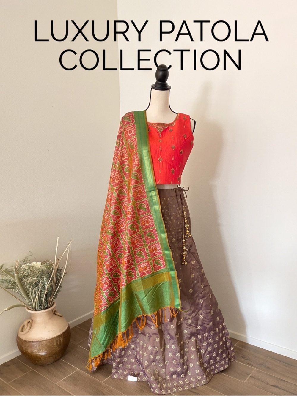 Luxury Raw silk orange red Crop Top with gold hand embroidery & Brown Skirt Set